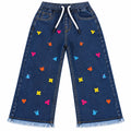 Girls Dark Blue Denim Jeans Butterfly Embroidery (Size 2 - 12 Years)