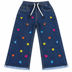Girls Dark Blue Denim Jeans Butterfly Embroidery (Size 2 - 12 Years)