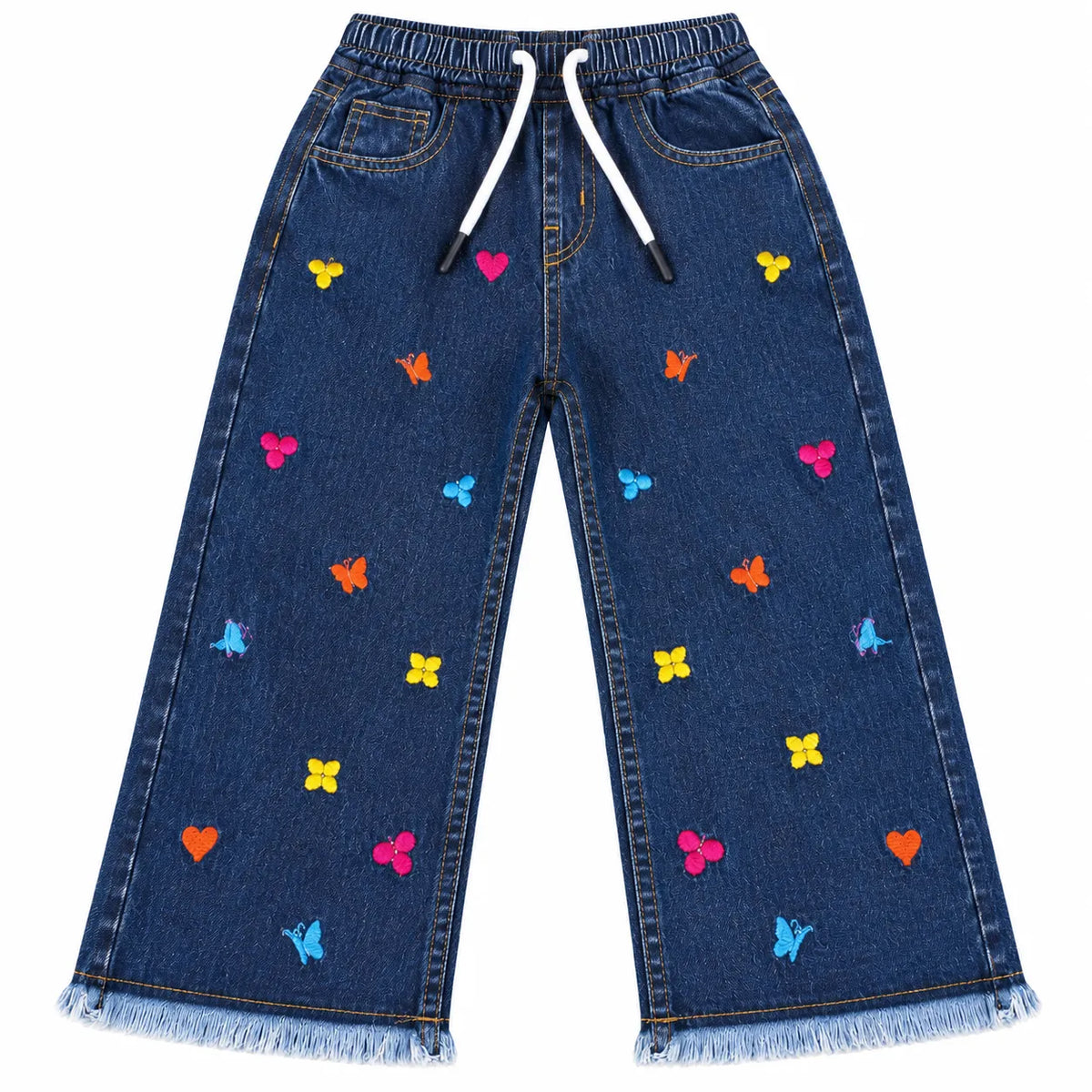 Girls Dark Blue Denim Jeans Butterfly Embroidery (Size 2 - 12 Years)