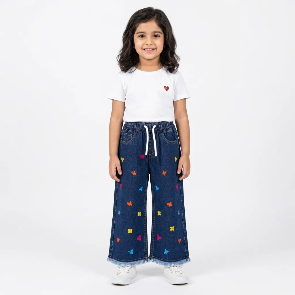 Girls Dark Blue Denim Jeans Butterfly Embroidery (Size 2 - 12 Years)