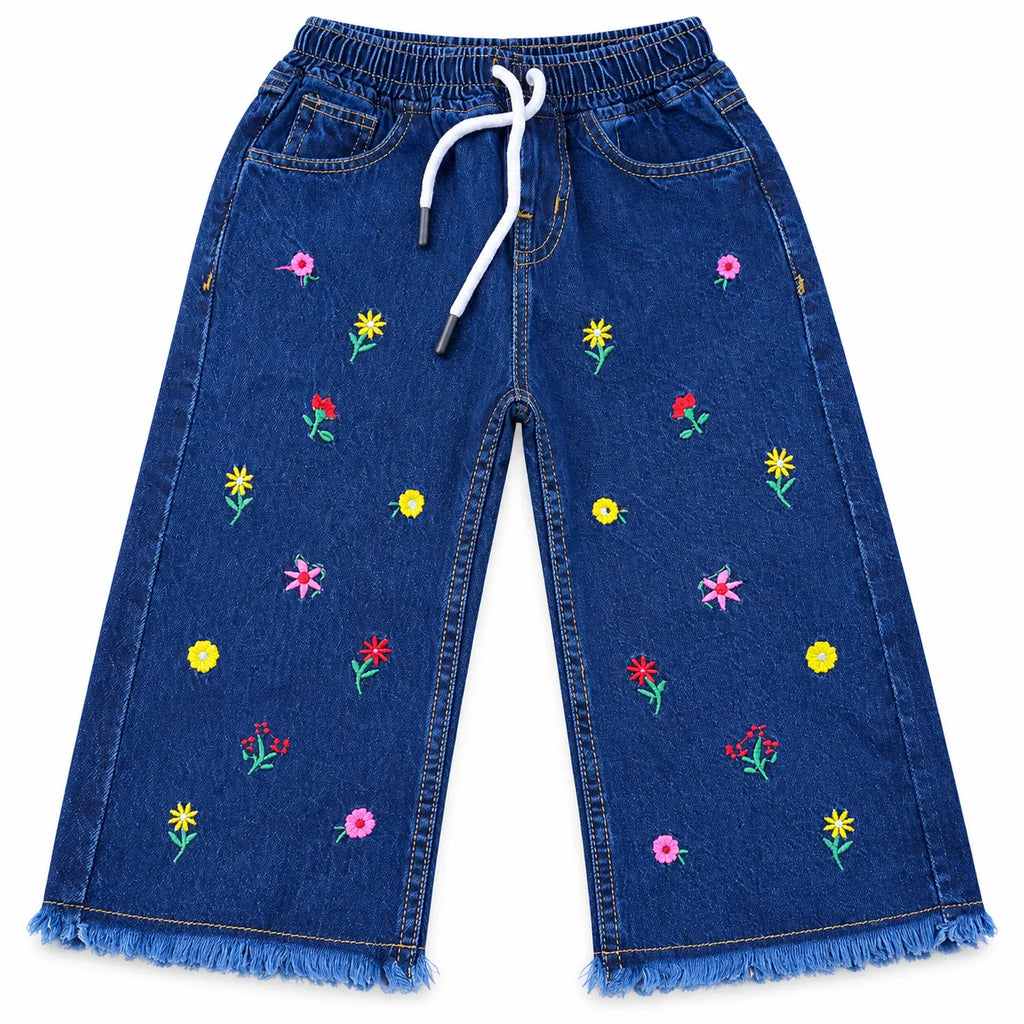 Girls Dark Blue Denim Jeans Floral Embroidery (Size 2 - 12 Years)