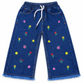 Girls Dark Blue Denim Jeans Floral Embroidery (Size 2 - 12 Years)