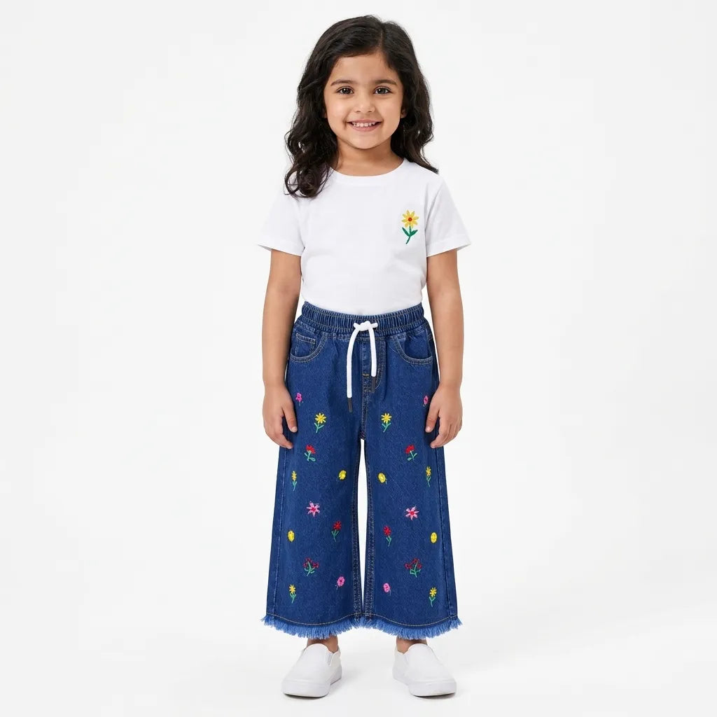 Girls Dark Blue Denim Jeans Floral Embroidery (Size 2 - 12 Years)