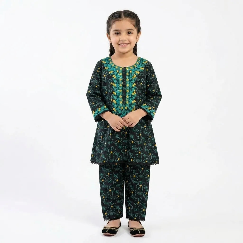 Girls Dark Green Floral 2 Piece Shalwar Kameez (Size 5 - 12 Years)