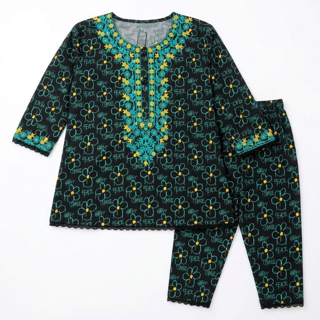 Girls Dark Green Floral 2 Piece Shalwar Kameez (Size 5 - 12 Years)