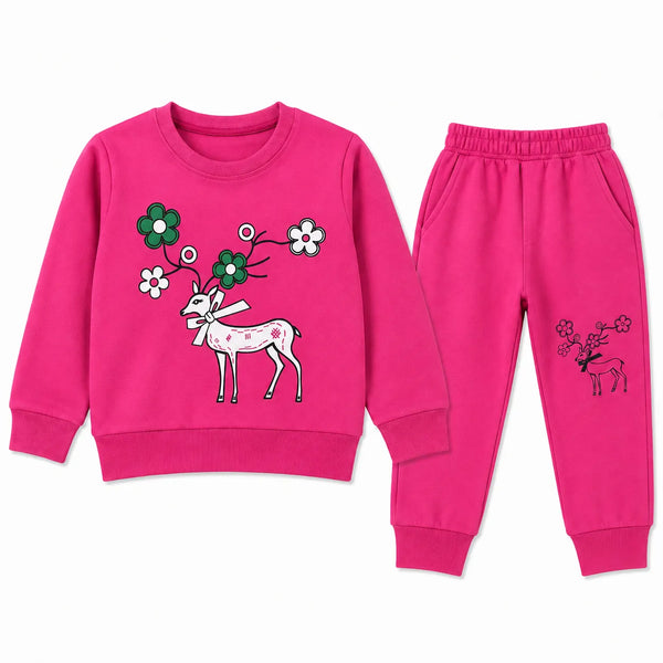 Girls Dark Pink Deer & Floral Winter Coord Set (2 Piece) - Size 1 - 12 Years