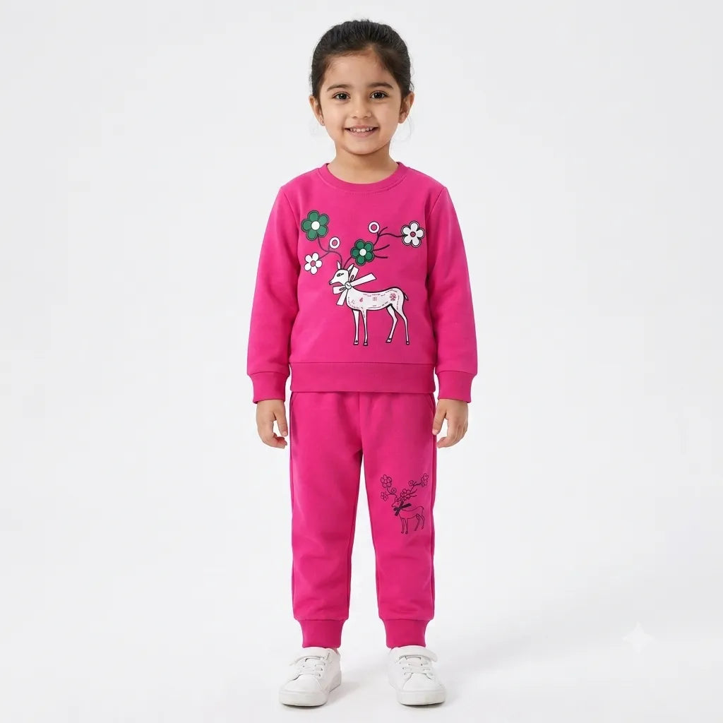 Girls Dark Pink Deer & Floral Winter Coord Set (2 Piece) - Size 1 - 12 Years