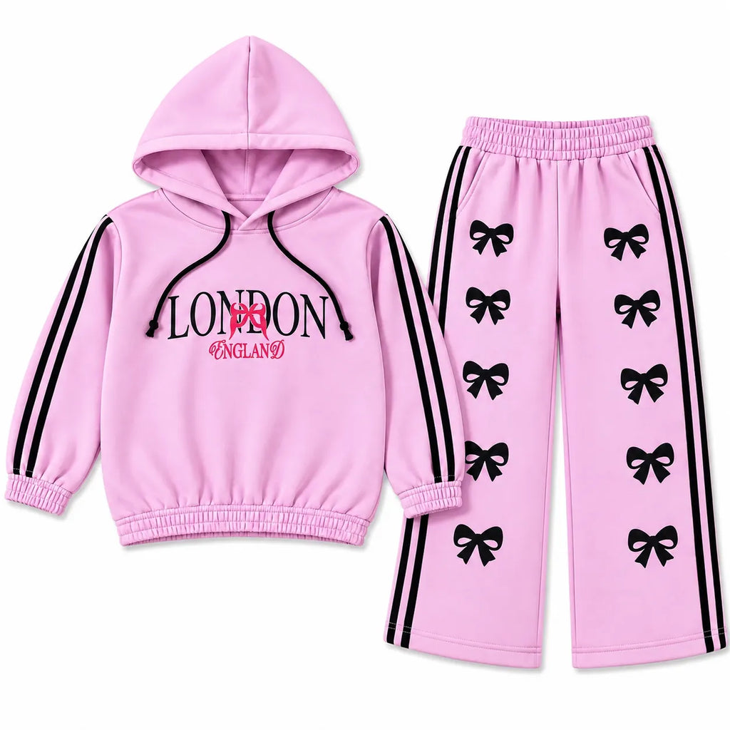 Girls Dark Pink London & Bow Winter Hoodie Coord Set (2 Piece) - Size 1 - 12 Years