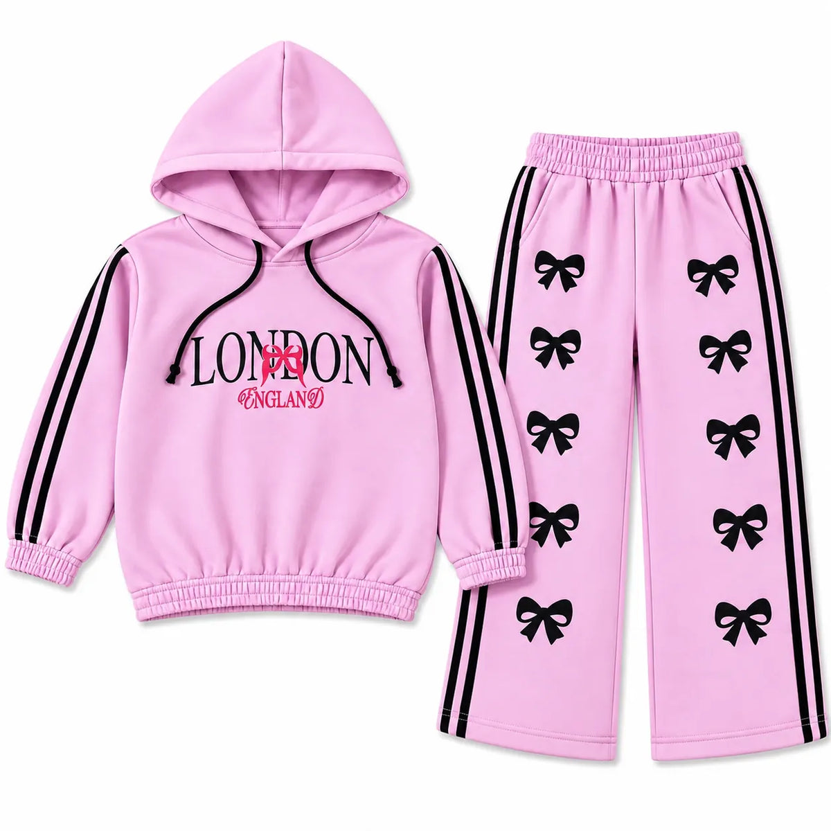 Girls Dark Pink London & Bow Winter Hoodie Coord Set (2 Piece) - Size 1 - 12 Years