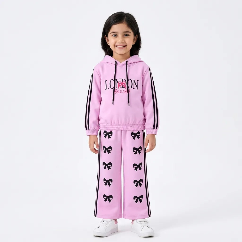 Girls Dark Pink London & Bow Winter Hoodie Coord Set (2 Piece) - Size 1 - 12 Years