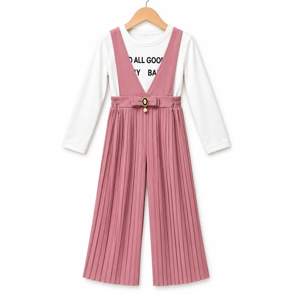 Girls Dust Rose All Good Print Dangri Jumpsuit – 2 Piece (Size 4 - 10 Years)