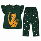 Girls green cat summer coord set for ages 1 to 12, featuring a matching two-piece outfit with playful cat print by lilcubspk.
