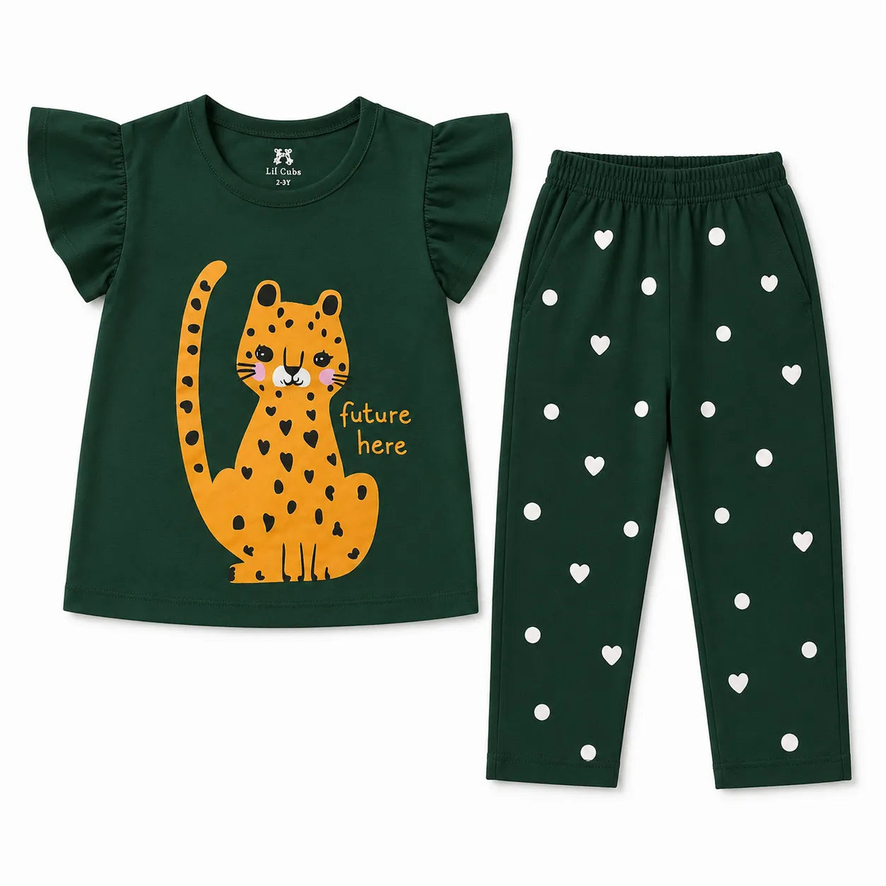Girls Green Cat Summer Coord Set (2 Piece) - Age 1 - 12 Years