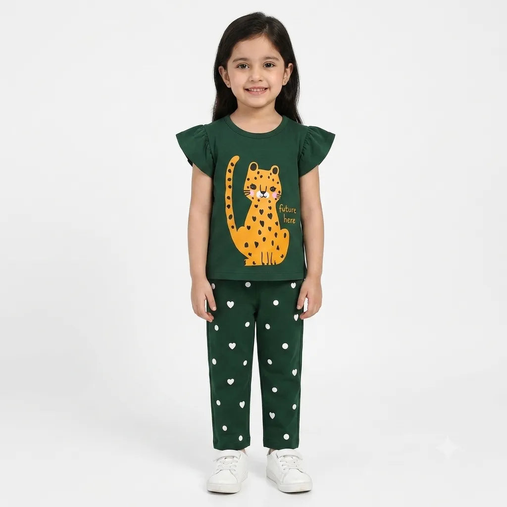 Girls Green Cat Summer Coord Set (2 Piece) - Age 1 - 12 Years