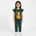Girls green cat summer coordinate set for ages 1 to 12, featuring a matching top and shorts by lilcubspk