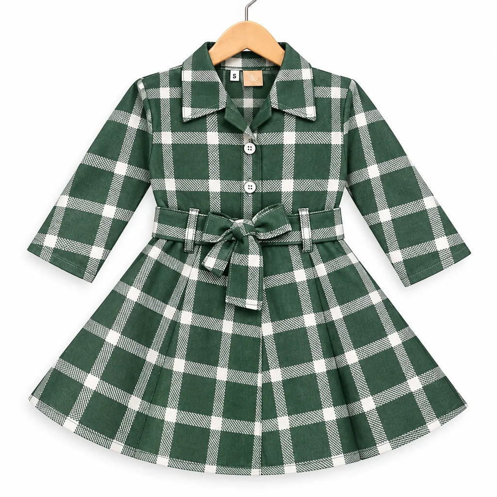 Girls Green Check Cotton Winter Frock with Waist Belt (Size 1 - 7 Years)