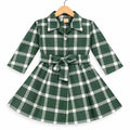 Girls Green Check Cotton Winter Frock with Waist Belt (Size 1 - 7 Years)