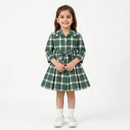 Girls Green Check Cotton Winter Frock with Waist Belt (Size 1 - 7 Years)