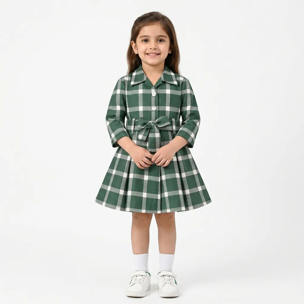 Girls Green Check Cotton Winter Frock with Waist Belt (Size 1 - 7 Years)