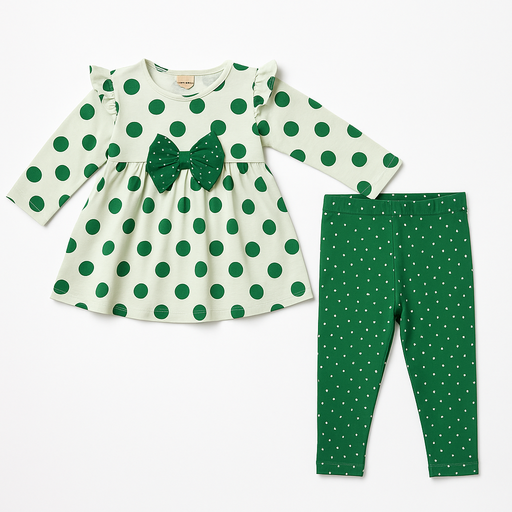 Girls Green Polka Dot Frock with Leggings – Full Sleeve Dress Set (1–3Y)

