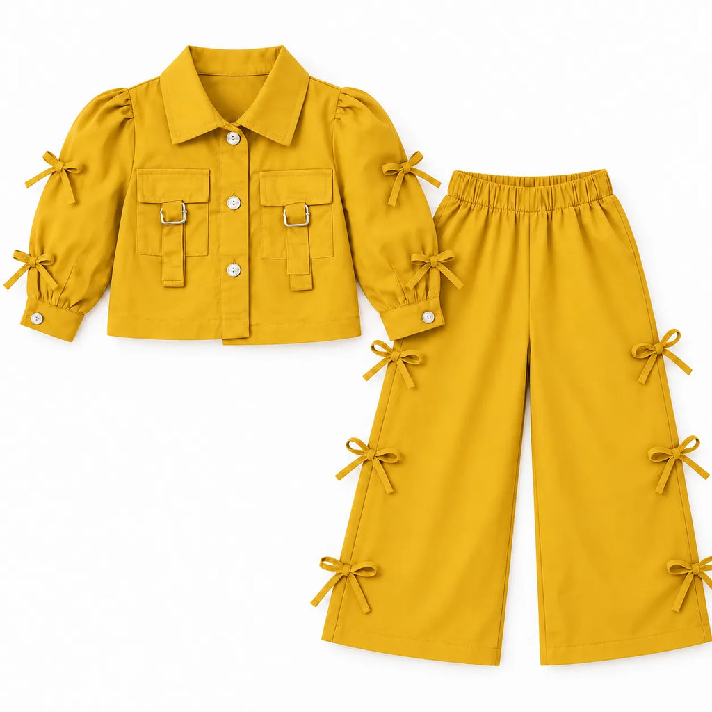 Girls' Imported Mustard Bow Detail Cotton Co-Ord Set – 2 Piece (Size 2 - 10 Years)