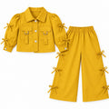 Girls' Imported Mustard Bow Detail Cotton Co-Ord Set – 2 Piece (Size 2 - 10 Years)