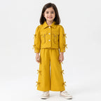 Girls' Imported Mustard Bow Detail Cotton Co-Ord Set – 2 Piece (Size 2 - 10 Years)