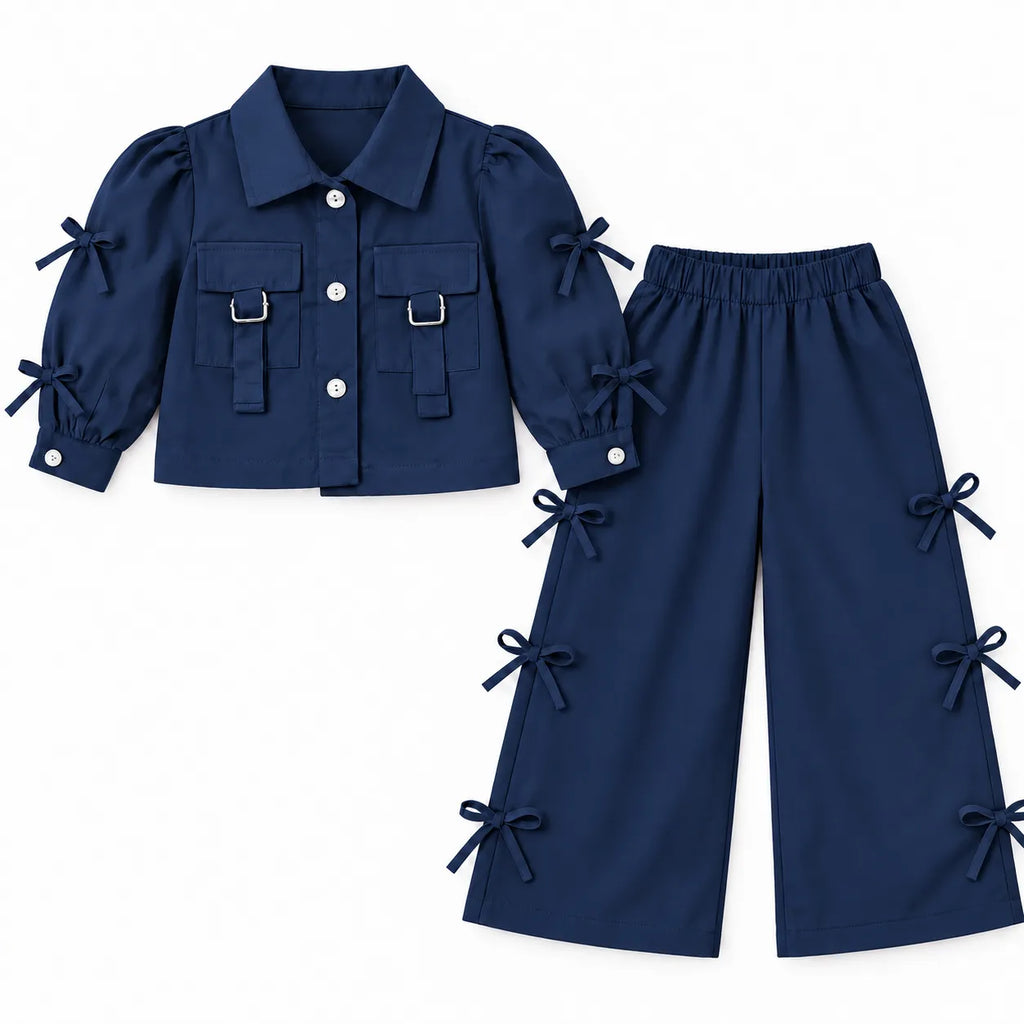 Girls' Imported Navy Blue Bow Detail Cotton Co-Ord Set – 2 Piece (Size 2 - 10 Years)