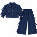 Girls' Imported Navy Blue Bow Detail Cotton Co-Ord Set – 2 Piece (Size 2 - 10 Years)