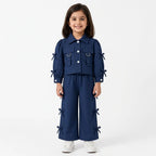 Girls' Imported Navy Blue Bow Detail Cotton Co-Ord Set – 2 Piece (Size 2 - 10 Years)