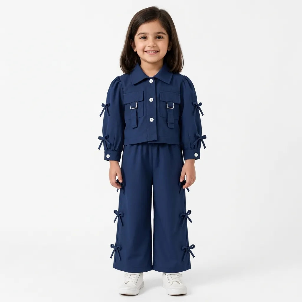 Girls' Imported Navy Blue Bow Detail Cotton Co-Ord Set – 2 Piece (Size 2 - 10 Years)