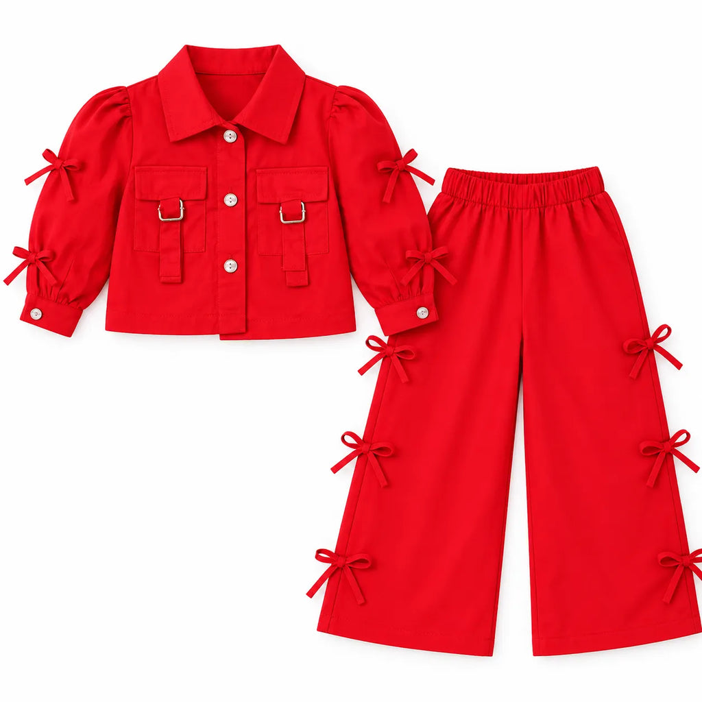 Girls' Imported Red Bow Detail Cotton Co-Ord Set – 2 Piece (Size 2 - 10 Years)