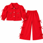 Girls' Imported Red Bow Detail Cotton Co-Ord Set – 2 Piece (Size 2 - 10 Years)