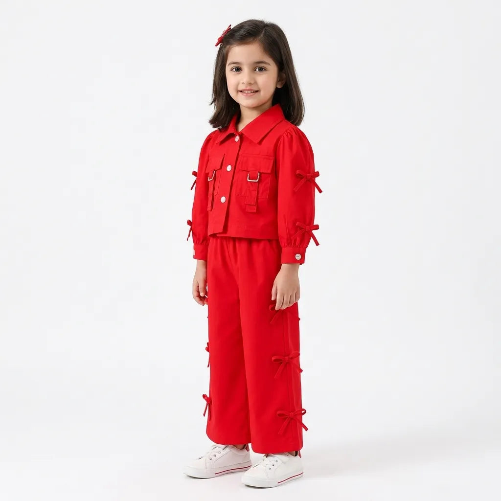 Girls' Imported Red Bow Detail Cotton Co-Ord Set – 2 Piece (Size 2 - 10 Years)