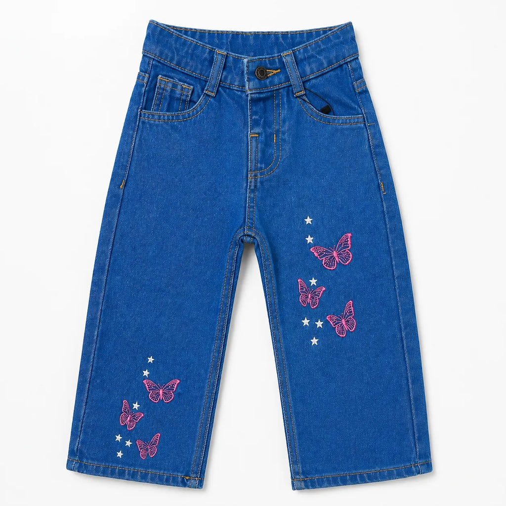 Girls Light Blue Denim Jeans with Butterfly Embroidery (Size 2 - 10 Years)