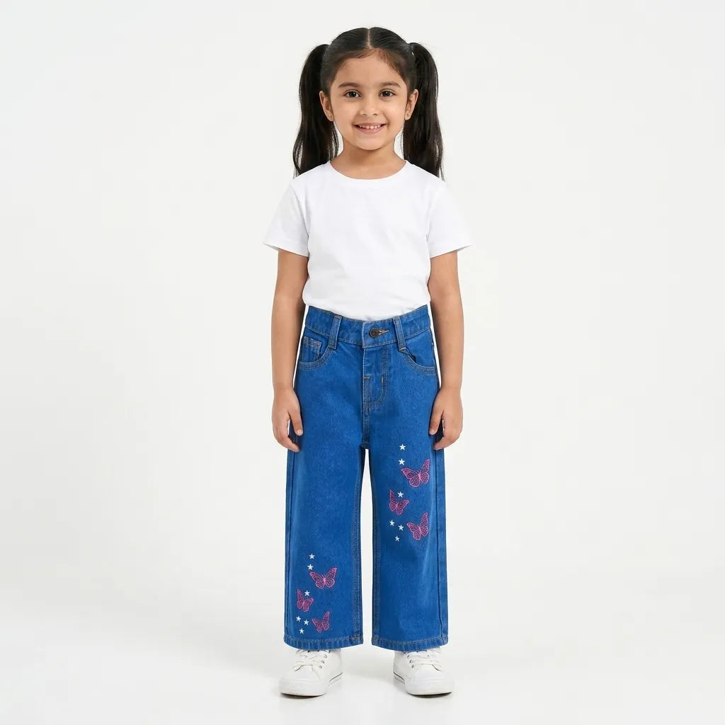 Girls Light Blue Denim Jeans with Butterfly Embroidery (Size 2 - 10 Years)