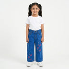Girls Light Blue Denim Jeans with Butterfly Embroidery (Size 2 - 10 Years)