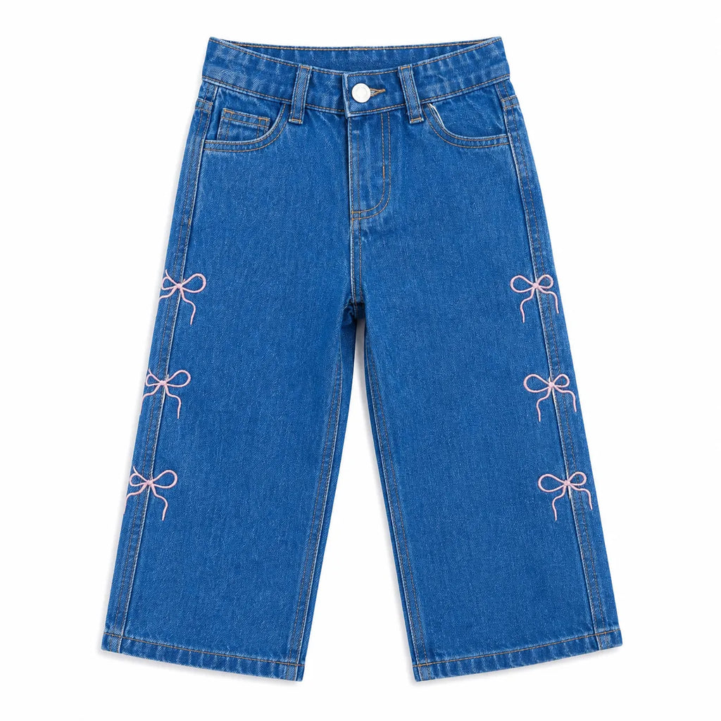 Girls Light Blue Denim Jeans with Pink Bow Embroidery (Size 2 - 10 Years)
