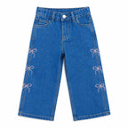 Girls Light Blue Denim Jeans with Pink Bow Embroidery (Size 2 - 10 Years)