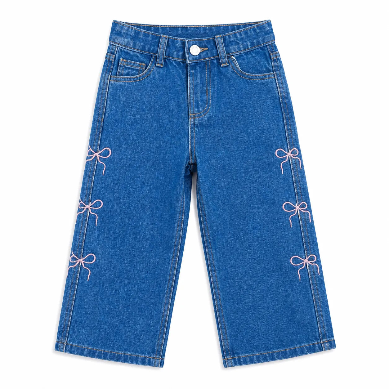 Girls Light Blue Denim Jeans with Pink Bow Embroidery (Size 2 - 10 Years)