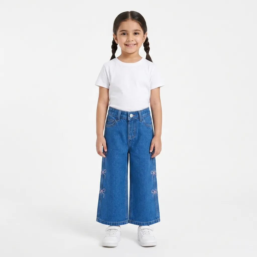 Girls Light Blue Denim Jeans with Pink Bow Embroidery (Size 2 - 10 Years)