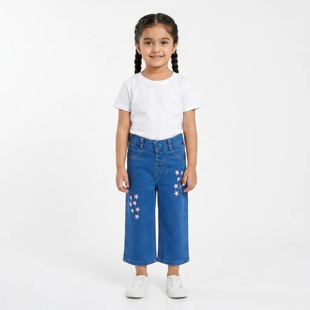 Girls Light Blue Denim Jeans with Star Embroidery (Size 2 - 10 Years)