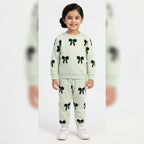 Girls light green bow winter 2-piece coord set by Lil' Cubs, featuring a cozy top and matching pants for ages 1 to 12 years.