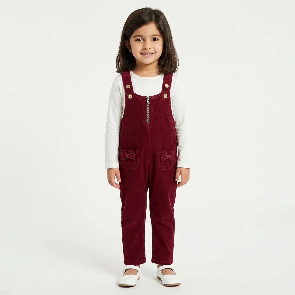 Girls Maroon Corduroy Dangri (Size 2-5 Years)