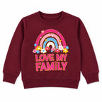 Girls maroon Love My Family winter sweatshirt by Lil' Cubs, featuring a cozy design for ages 9 months to 12 years.
