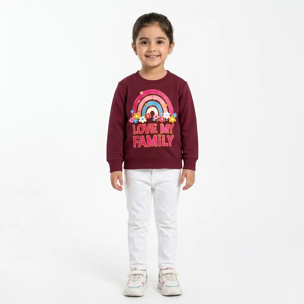 Girls Maroon Love My Family Winter Sweatshirt (Size 9 Months - 12 Years)