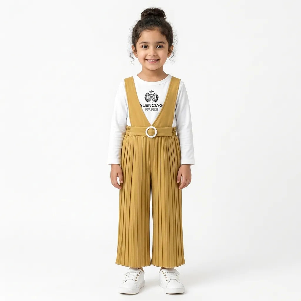 Girls Mustard Balenciaga Paris Print Dangri Jumpsuit – 2 Piece (Size 4 - 10 Years)
