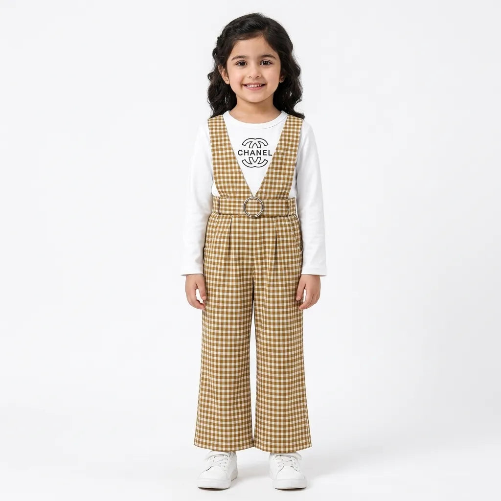 Girls Mustard CHANEL Check Print Dangri Jumpsuit – 2 Piece (Size 4 - 10 Years)