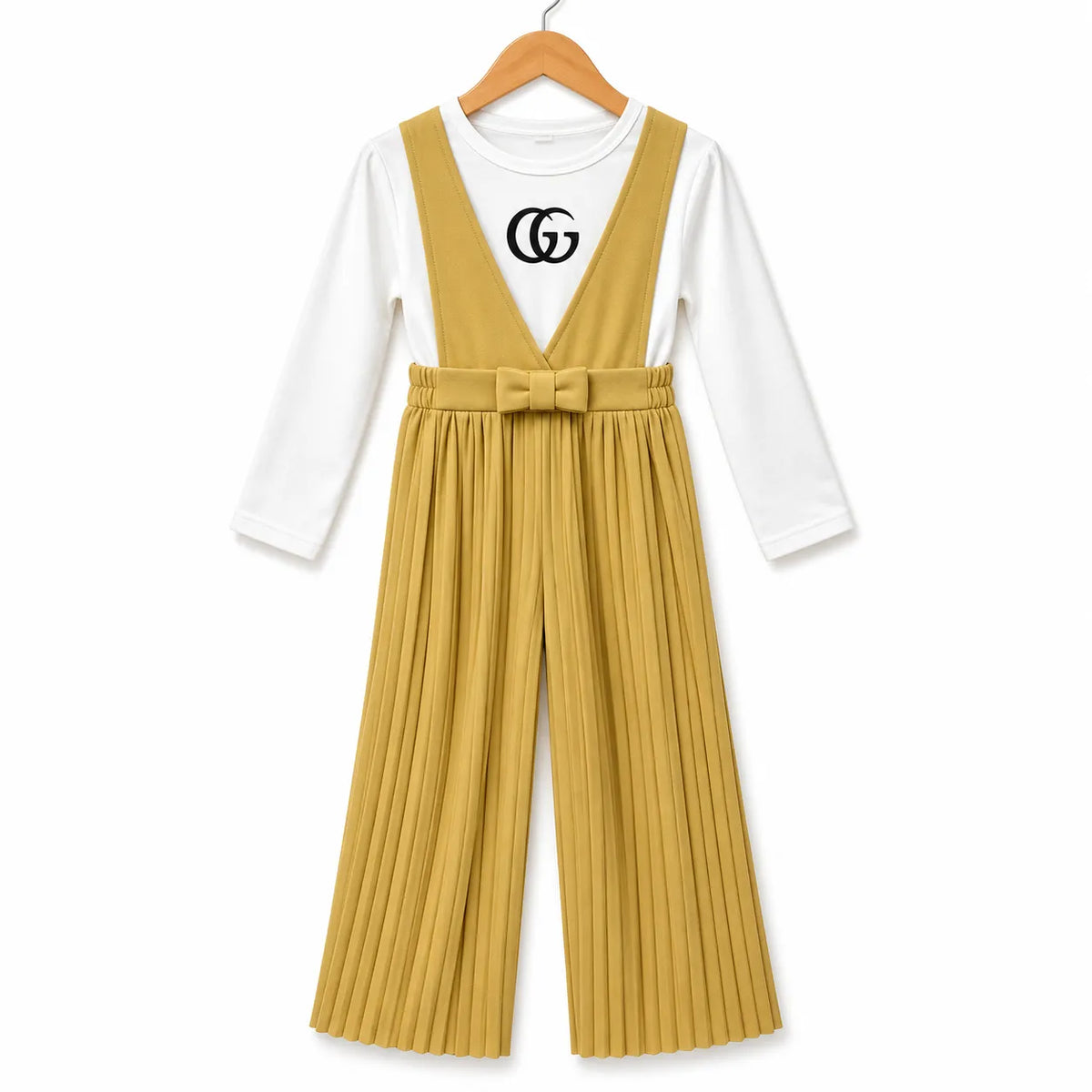 Girls Mustard Gucci Print Dangri Jumpsuit – 2 Piece (Size 4 - 10 Years)