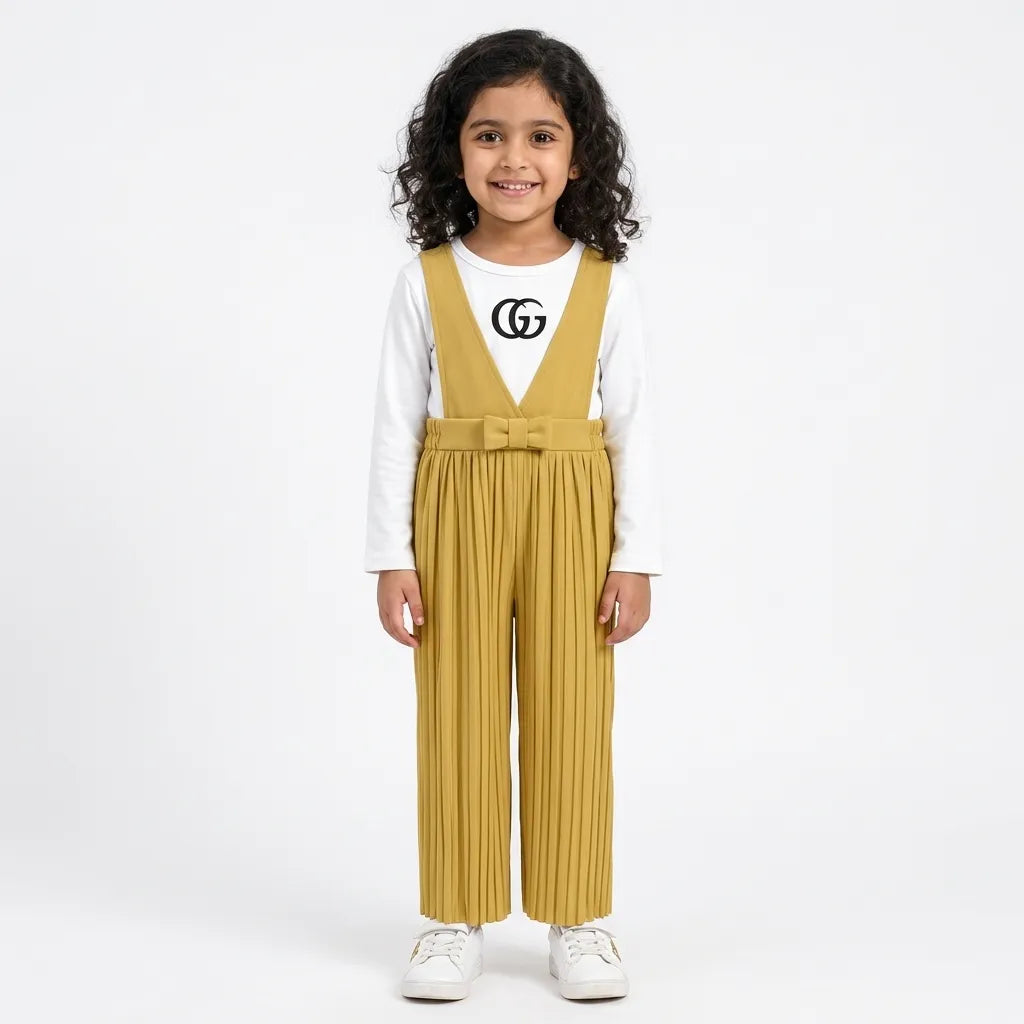Girls Mustard Gucci Print Dangri Jumpsuit – 2 Piece (Size 4 - 10 Years)
